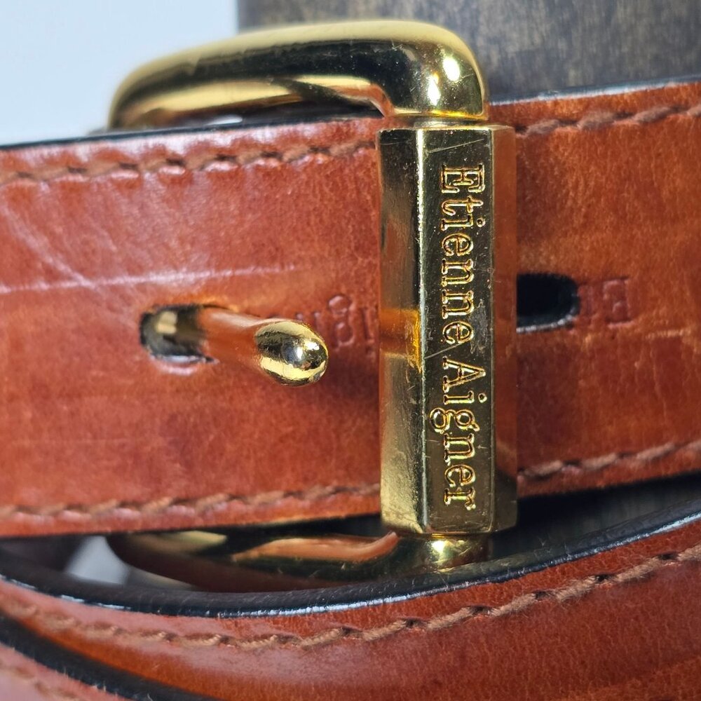 Vtg 90s Etienne Aigner Branded Cognac Brown Leather Belt with Gold Buckle, XL - Picture 6 of 9